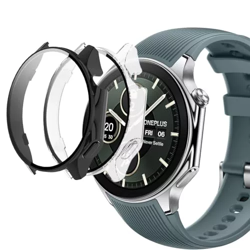 MEMELOKA Funda para OnePlus Watch 2 con Cristal Templado, 2 Piezas Ultra Delgada Anti-Rasguños Rígido PC Carcasa + Alta Sensibilidad Protector de Pantalla, Negro y Transparent