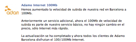 Adamo transforma en simétrica su conexión de FTTH en Barcelona: ahora también con 100 megas de subida