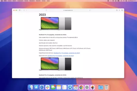 Página de soporte de Apple con todos los modelos de Mac