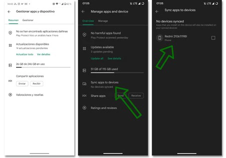 そして、「アプリとデバイスの管理」セクション内に新しい機能があります。左側が私の画面です。中央と右側には、新しい Play ストア機能があります。