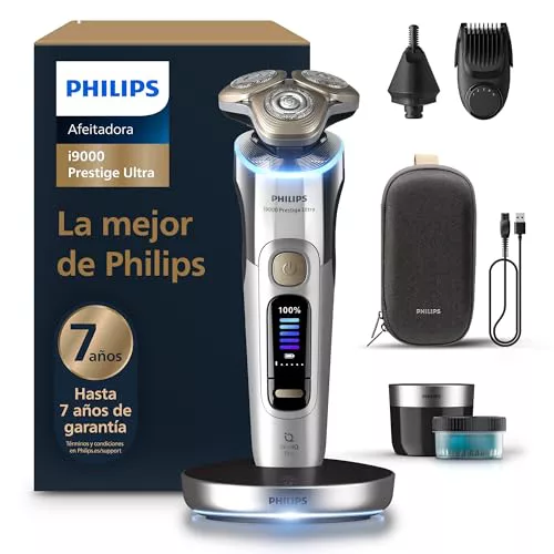 Philips i9000 Prestige Ultra, Afeitadora Eléctrica Hombre, Máquina de Afeitar Barba Seco y Húmedo, SkinIQ Pro, Base de Carga, Recargable, Estuche, Centro de limpieza, Recortador, Naricero, XP9404/38