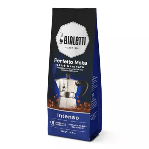 Bialetti - Perfetto Moka Intenso: Café Molido Tueste Fuerte, Aroma de Avellana, 250g, Paquete con Válvula Unidireccional para Preservar el Sabor