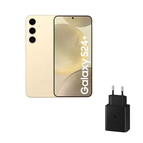 SAMSUNG Galaxy S24+ および 45W 充電器、AI 搭載モバイル、Android スマートフォン、12GB 高速 RAM、256GB ストレージ、50MP カメラ、大画面、長いバッテリー寿命、アンバーイエロー (スペイン語版)