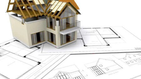 Recreación de una casa en construcción sobre un plano