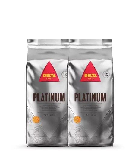 Delta Cafés - Café en Grano Platinum - 2 Paquetes de 1 Kg - Intensidad 12 - Mezcla de Granos de Café Arábica y Robusta con Tueste Natural - Muy Aromático Notas Caramelo, Chocolate y Palomitas