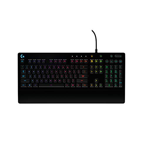 Teclado para juegos Logitech G213 Prodigy, teclas retroiluminadas RGB LIGHTSYNC, resistentes a salpicaduras, teclas personalizables, teclas multimedia dedicadas, diseño QWERTY UK, negro