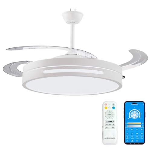 LEDUNI Ventilador de techo con luz con mando 4 aspas, Motor DC 30W + 36w Luz LED,temporizador, 6 velocidades, aspas retráctiles, 3 temperaturas de luz, función verano-invierno Silencioso (Blanco, 50CM)