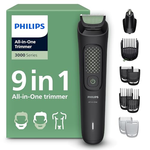 Philips Recortadora Todo En Uno series 3000, Kit 9 en 1, Afeitadora y cortapelos Hombre para Rostro, Pelo y Cuerpo, Barba, Cuchillas Autoafilables suaves con la piel, 12 longitudes, MG3946/15