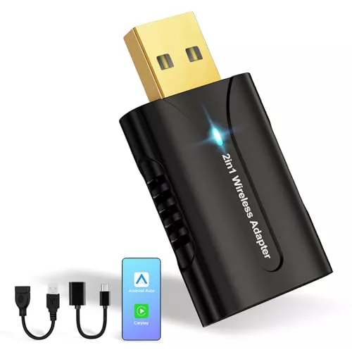 DYUZO CarPlay Inalambrico Android Auto Inalambrico Adaptador, Mini 2 en 1 con Interfaz de Cobre Dorado, Estabilidad y Autoconectividad para Automóviles con Android Auto y CarPlay por Cable OEM, Negro