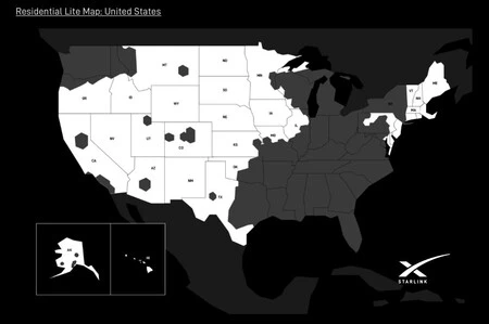 Mapa con los estados donde es posible contratar en nuevo plan Residencial Lite 100 de Starlink por 40 dólares