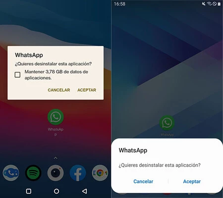 Android 12 (左) および Android 9 Pie (右) での WhatsApp のアンインストール