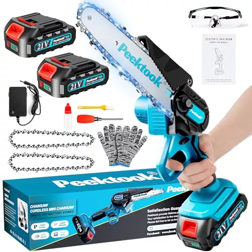 Mini Motosierra Bateria 6 Pulgadas, 1000W Motor Sin Escobillas Motosierra Eléctrica con 4000mAh Baterías y 2 Cadenas, motosierra de mano portátil Inalámbrica para Podar Árboles de Jardinería y Madera