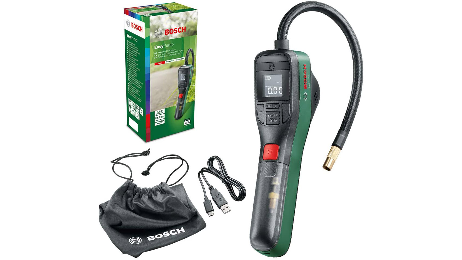 Bosch Home and Garden compresor de aire a batería EasyPump (batería de 3.0 Ah, 3.6 voltios, función de parada automática, 150 psi, 10.3 bar, LED, recargable mediante cable USB-C) Negro, Talla única
