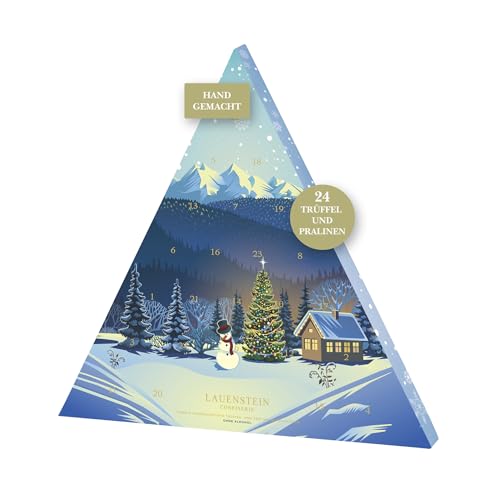 Calendario de Adviento Schneemann | 300 g de trufas y chocolates hechos a mano, 12 sabores, sin alcohol, calendario triangular clásico con diseño de paisaje invernal, paquete de 1