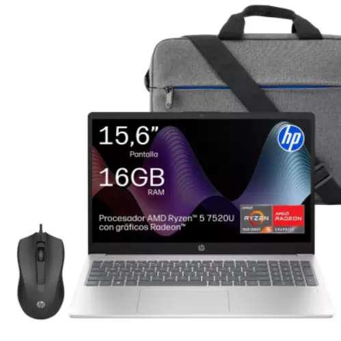 Ordenador Portátil HP 15-fc1000, Ryzen 5 7520U, 16GB, 512GB SSD, FHD, 15,6" - 39,62 cm, W11 Home con Ratón y Bolsa