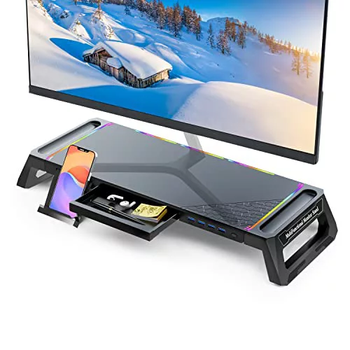 MOOJAY Soporte de Monitor para Escritorio Gaming con Luces RGB y 4 Hub USB 3.0, Soporte de Pantalla de Ordenador Plegable con Cajón y Bandeja para Bolígrafos, Elevador de Monitor para PC/iMac-Negro