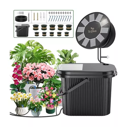 TRJZWA Sistema de Riego Solar para Jardín,Riego por Goteo Automatico Kit Solar con 9 Programas y 10 Macetas de Riego,Baldes y maceteros,para Jardín/Plantas de Balcón/Plantas en Macetas al Aire Libre