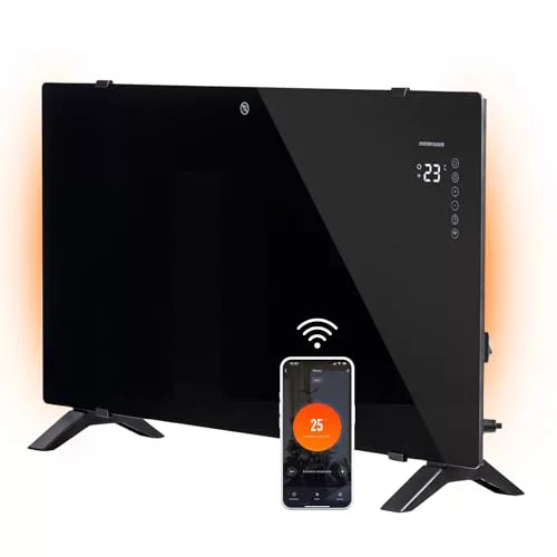 Mellerware - Radiador Eléctrico WIFI Bajo Consumo Cristal Warmy 2000W | 4 Modos Funcionamiento | 0-45ºC | Soporte Suelo/Pared | Programable Temporizador 24h | 81x48x21 Convector Autoapagado| APP