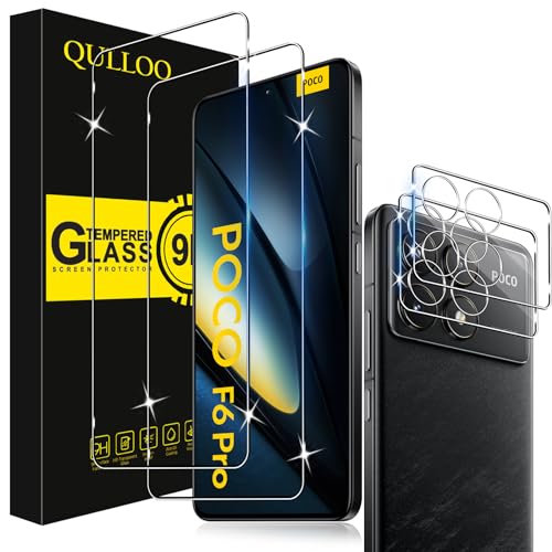 QULLOO Protector de Pantalla para Xiaomi Poco F6 Pro 5G, 2 Piezas Cristal Templado y 2 Piezas Protector de Lente de Cámara