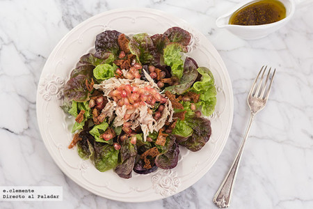 Ensalada de perdiz escabechada con granada y vinagreta de miel. Receta