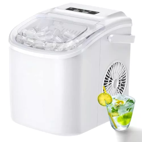 FOOING Pequeña máquina de cubitos de hielo portátil con mango 9 cubitos de hielo listos en 6 minutos, Máquinas de hielo portátiles autolimpiables para el hogar