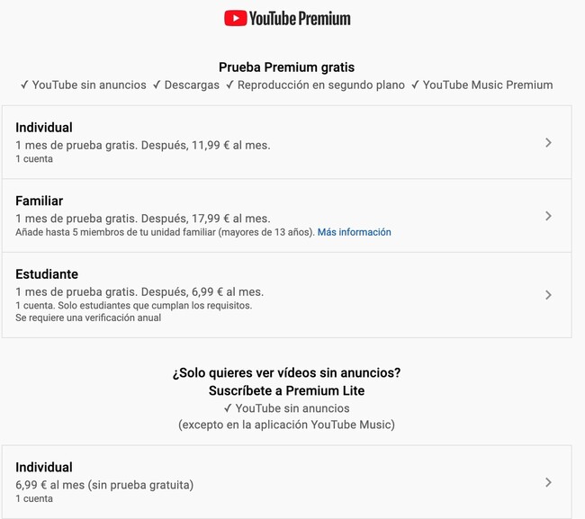 YouTube Premium Lite cuánto cuesta y en qué se diferencia del resto de