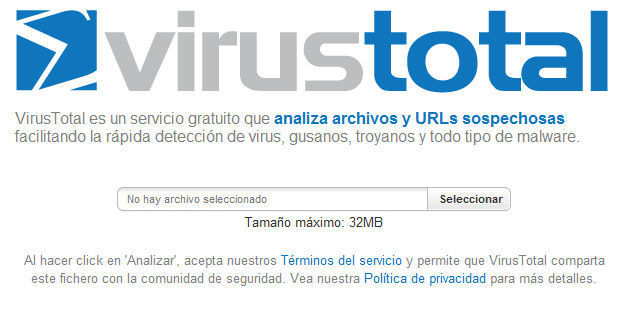 VirusTotal, página principal