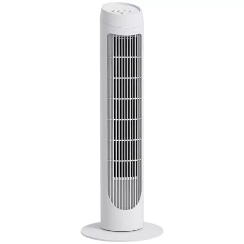 HOMCOM Ventilador de Torre 45W Ventilador Vertical Silencioso con 3 Velocidades Oscilación 70° para Salón Dormitorio Oficina Ø27x75 cm Blanco
