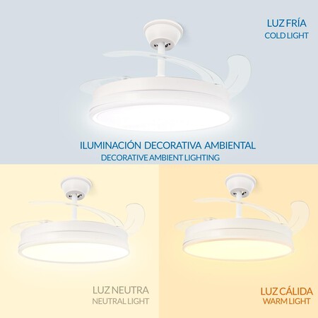 LEDUNI Ventilador de Techo LED con Aspas Retráctiles - 66W, 30W Motor DC+36W Luz 2880LM, Blanco, CCT 3000-6000K, con Control Remoto Funcion verano e...
