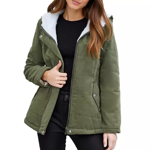 Generisch Abrigo corto acolchado de invierno para mujer, con forro polar, chaqueta gruesa y cálida, abrigo informal para temporada fría, verde, XL