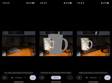 Otras dos funciones de IA: Borrar (izquierda) y Mover (centro y derecha)