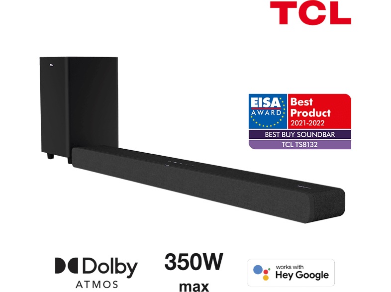 Barra de sonido - TCL TS8132, Dolby Atmos-350W, 3.1.2 canales, Subwoofer inalámbrico, 3 Modos de sonido, Negro