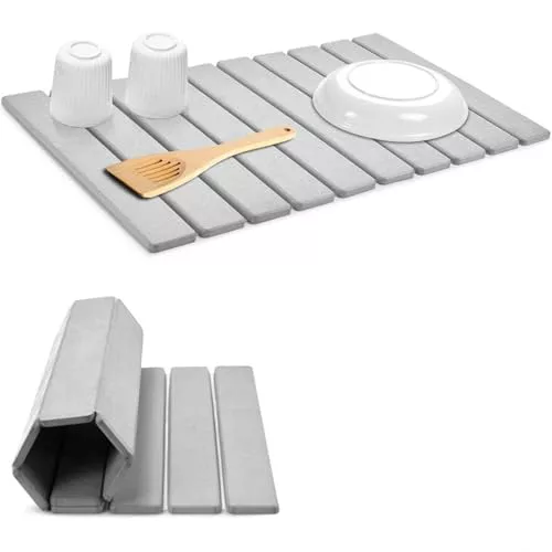 Tapete de piedra de secado para encimera de cocina, Alfombra de Secado de Piedra 40 * 30cm de tapete antideslizante de tierra de diatomeas plegable rápido para encimera de cocina, baño y ducha.