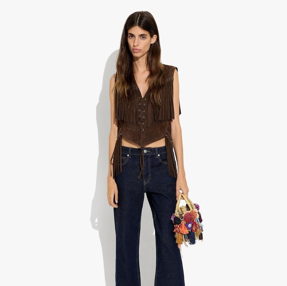 Chaleco de mujer 100% piel con flecos decorativos - Parfois - Marrón oscuro


