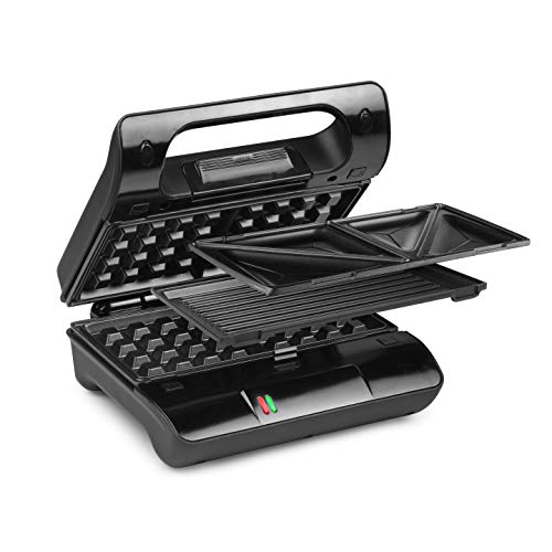 Princess 117002 Parrilla Compacta 3 en 1 con Placas Intercambiables con Gofrera y Sandwichera, Almacenamiento Vertical, 700 W, Negro
