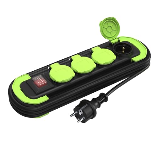 MutecPower Regletas enchufes IP44 regleta 4 enchufes con Interruptor para Exterior, alargador con 4 Tomas Contacto de protección con Tapas y Cable Enrollable de 5m 16A/250V H05RR-F3G1,5 Negro/Verde