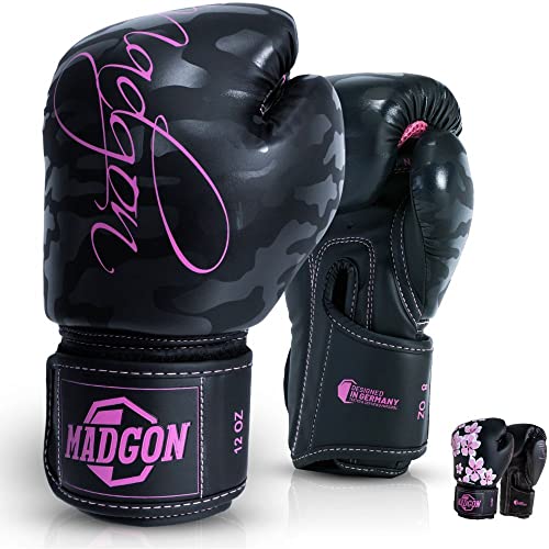 MADGON Guantes de Boxeo para Mujeres Hechos del Mejor Material para Una Larga Durabilidad – Guantes de Kick Boxing, Guantes MMA y Sparring – Óptima Absorción de Impactos – Incluye Bolsa