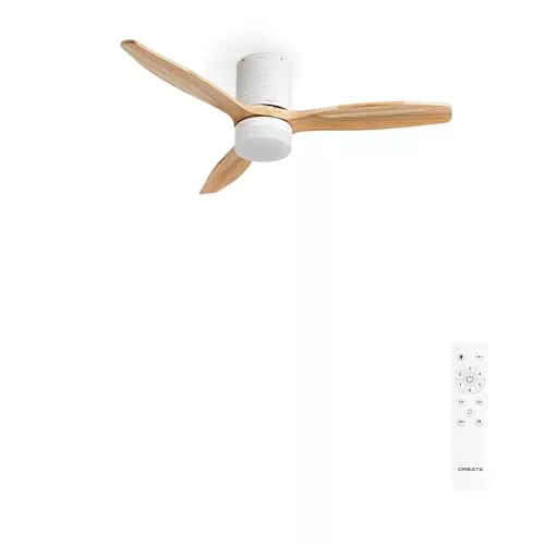 CREATE / WINDCALM LINE/Ventilador de techo con luz blanco madera natural y líneas horizontales con mando / 40W, Ø132 cm, 6 velocidades, 3 temperaturas de luz, temporizador, función verano-invierno
