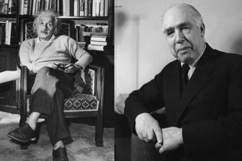 Do lado esquerdo, Albert Einstein, do direito, Niels Bohr. Crédito:Lucien Aigner; Baron (GettyImages)