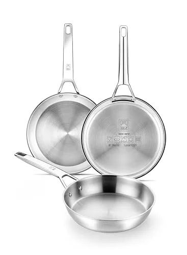 BRA Signature Set 3 Sartenes 20-24-26, Acero Inox 18/10 Profesional Sin Antiadherente, Triple Fondo Difusor Apto Todo Tipo De Cocinas E Inducción, Acabado Pulido