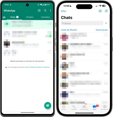 Android (左) と iOS (右) の現在の WhatsApp インターフェイス