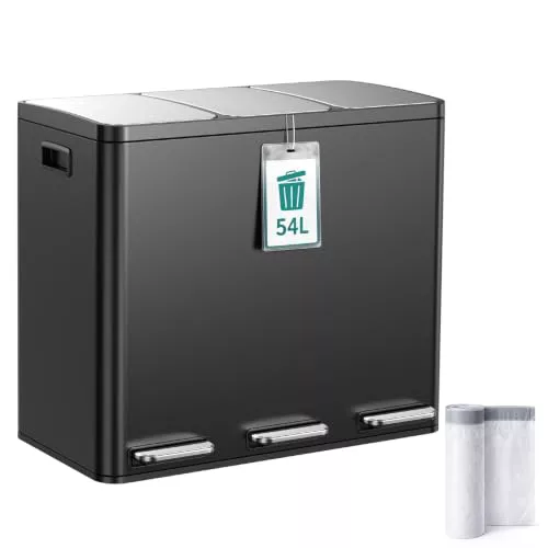 YEAUPE PRO Cubo de Reciclaje 54L (3x18L), Cubo de Basura 3 Compartimentos | para Cocina, Acero Inoxidable con Pedal, Cierre Suave, 3 Cubetas Extraíbles, Reciclaje y Residuos Orgánicos, 15 Bolsas, Negro