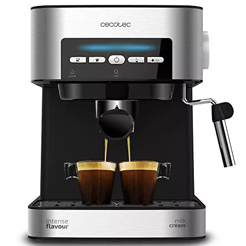 Cecotec Cafetera express Power Espresso 20 Matic. 850 W, 20 Bares, 1,5L, Brazo Doble Salida, Vaporizador, Superficie Calientatazas, Mandos Digitales, Acabados en Acero Inoxidable, Negro/Plata