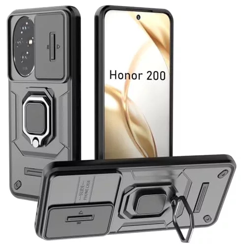 DERHAN Funda para Honor 200, Carcasa con Cubierta de Lente [Protección de Cámara], Bumper Funda Resistente a Arañazos con Soporte - Negro