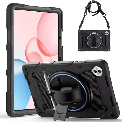 Gerutek Funda Anticaída para Honor Pad 10 2025 (12.1 Pulgadas), Estructura de 3 Capas, Carcasa Rugosa con Soporte 360° Giratorio, Correa de Mano/Hombro, Funda Resistente para Honor Pad 10 12,1", Negro