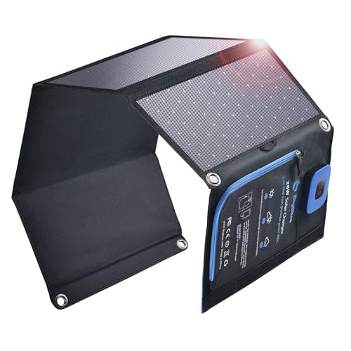 BigBlue 28W Cargador Solar Portátil con Amperímetro Digital (USB-C/USB-A) | Impermeable IP44, Panel Solar Plegable para Camping y Trekking. Carga iPhone, Android, GoPro y Dispositivos Recargables.