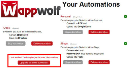 WappWolf limita las acciones que podemos automatizar con sus cuentas gratuitas