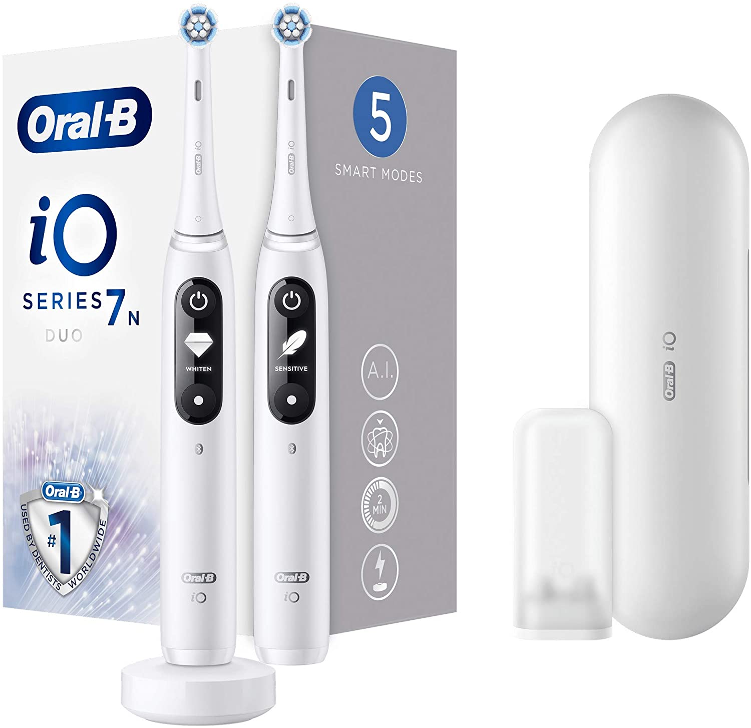 Oral-B iO 7n Cepillo Eléctrico Recargable Tecnología De Braun, 2 Mangos Blancos Diseño De Alta Gama Y Tecnología Magnética, Pantalla En Blanco Y Negro, 2 Cabezales De Recambio, 1 Funda Viaje Premium