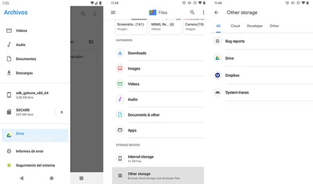 左側は、アプリ内のファイルとそのストレージ管理です。中央と右: 新しい Google ファイル