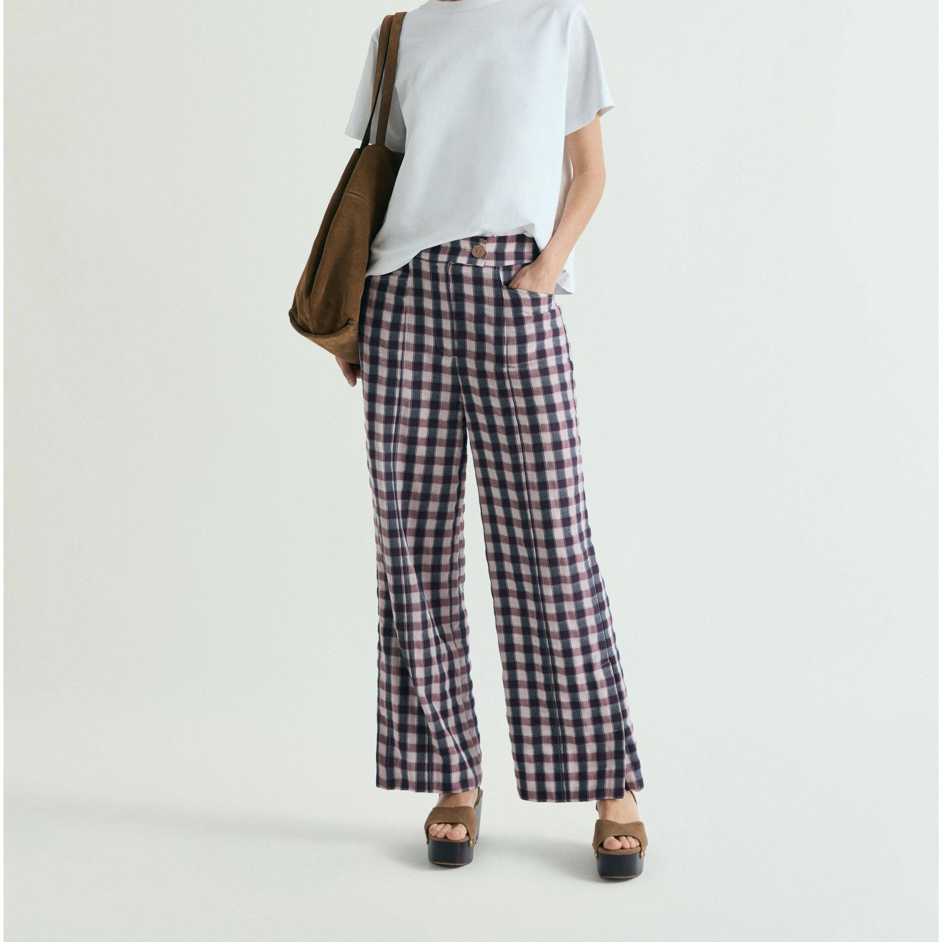 Pantalón ancho de mujer vichy con hilo metalizado Azul oscuro Scalpers